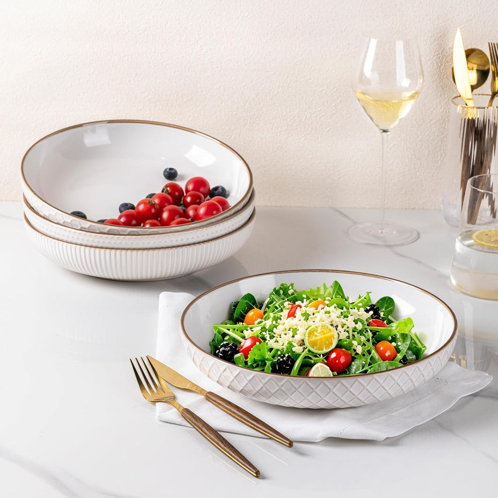 GBHOME 9.5'' Large Pasta Bowls  42 Ounce Stoneware Salad Bowls for Kitchen  Ceramic Serving Bowls With Textured Pattern for Pasta Fruit  Stews Noodle  House-warming Gift Set of 4-Off White